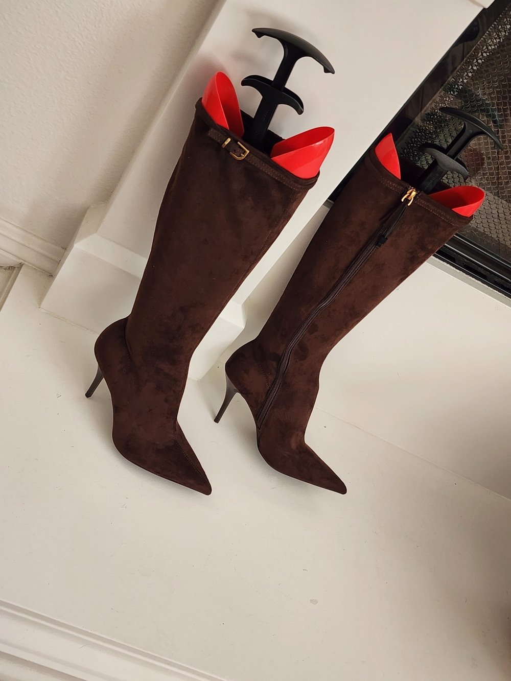 Zara Brown Suede Knee-High Stiletto Boots with Red Liner